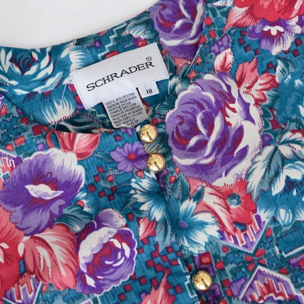 Vintage Schrader Teal Purple Floral Button Front Pleated Maxi Retro 80s Dress 18 - Picture 14 of 14